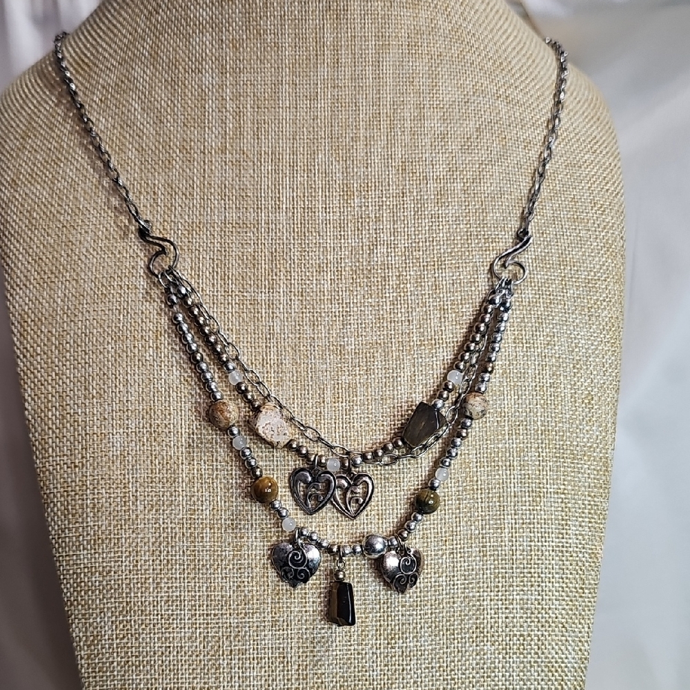 Jim Shore Vintage Elegant Semi-Precious Stone Silvertone Heart Charm Necklace